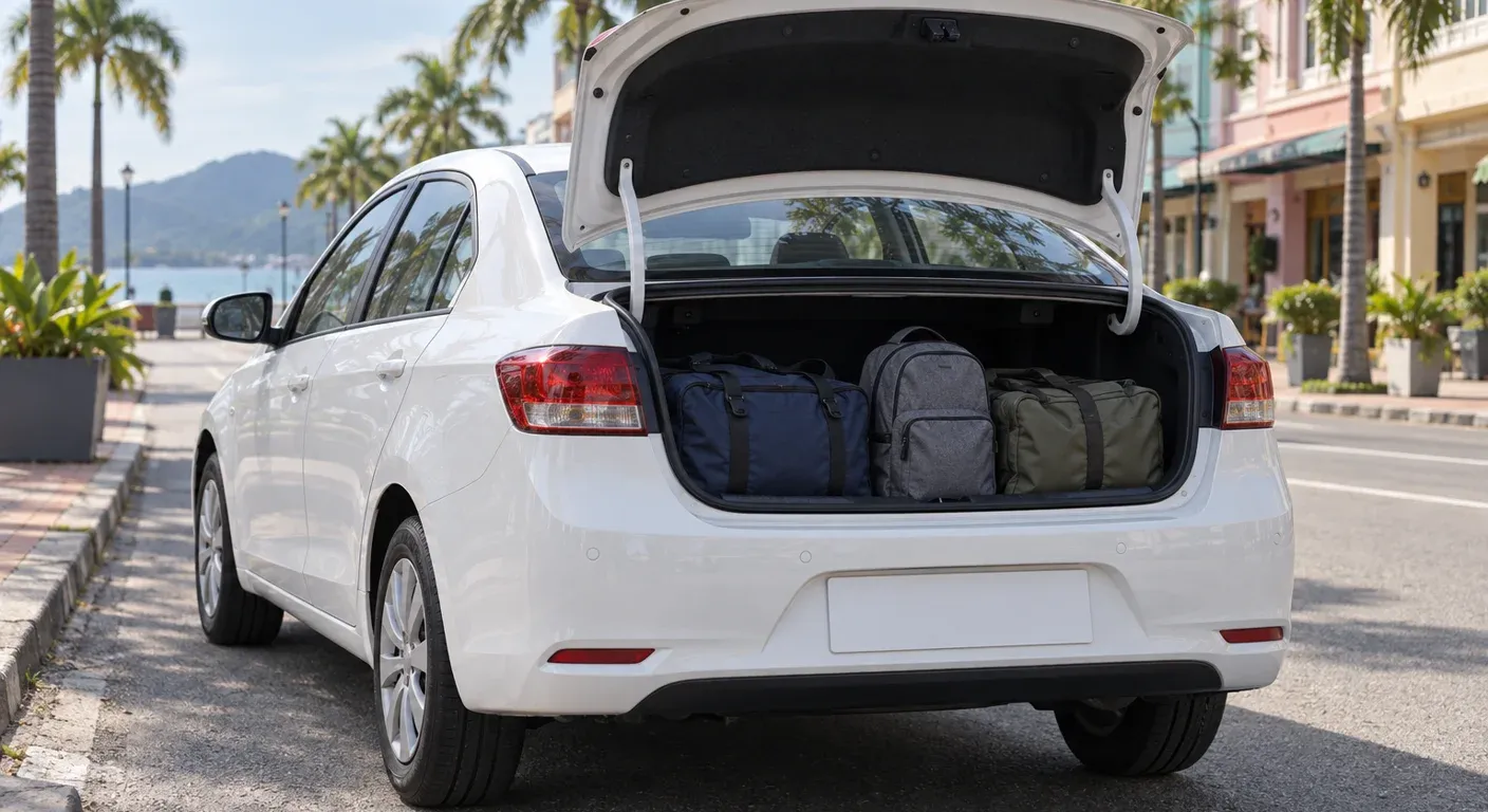 The open boot of a parked white compact car loaded with soft duffel bags and a backpack on a quiet street with pastel shophouses and palm trees.