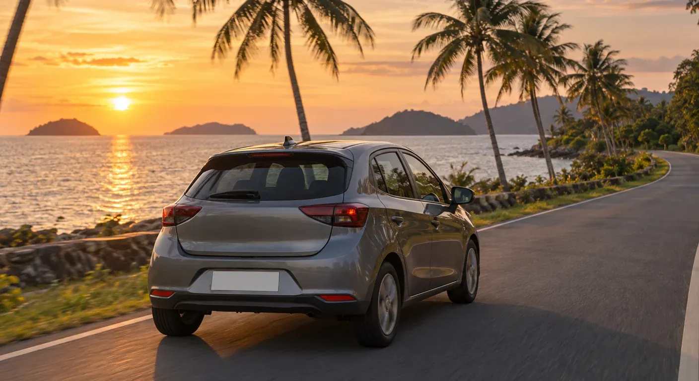 A compact car driving along a quiet tropical coastal road near Kota Kinabalu at golden hour with the sea between palm trees.