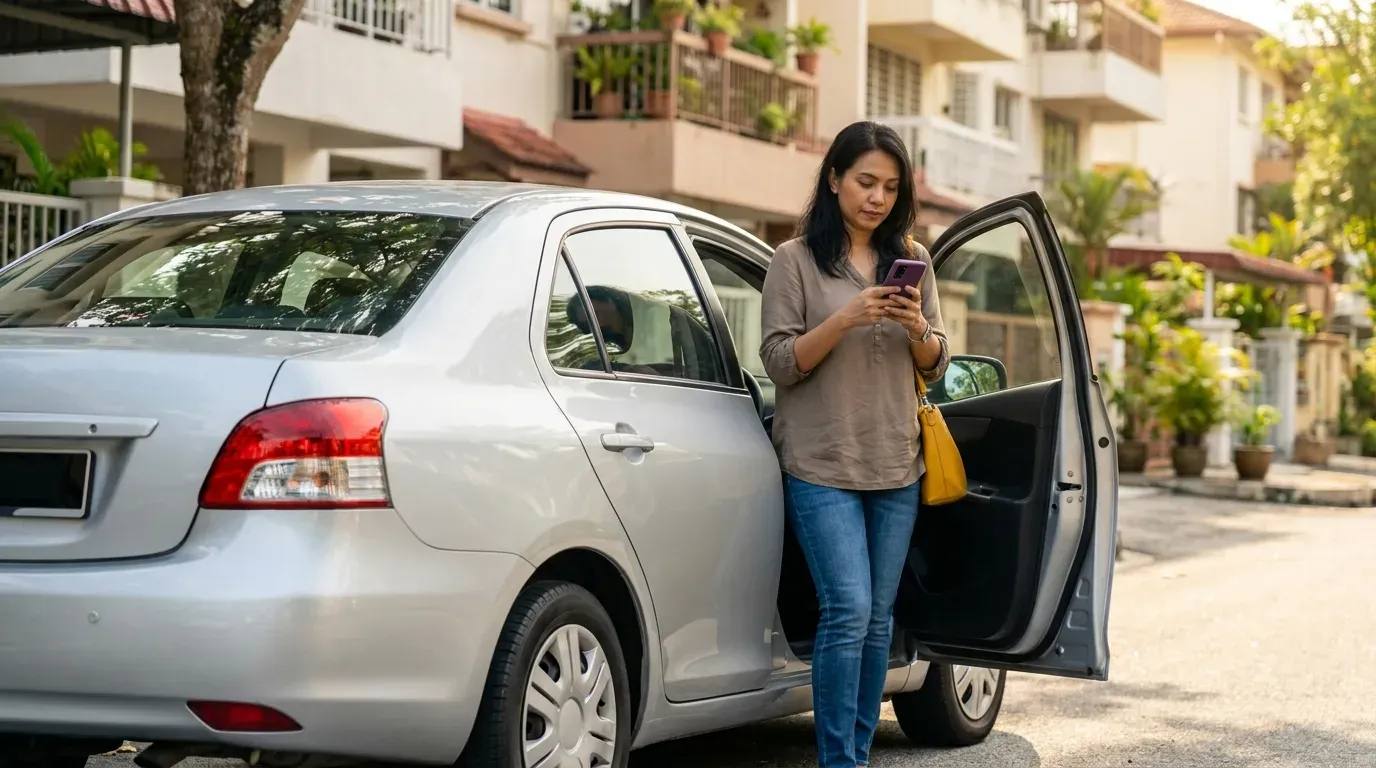 A traveller comparing monthly car-rental options on a phone beside a parked car in Kuala Lumpur.