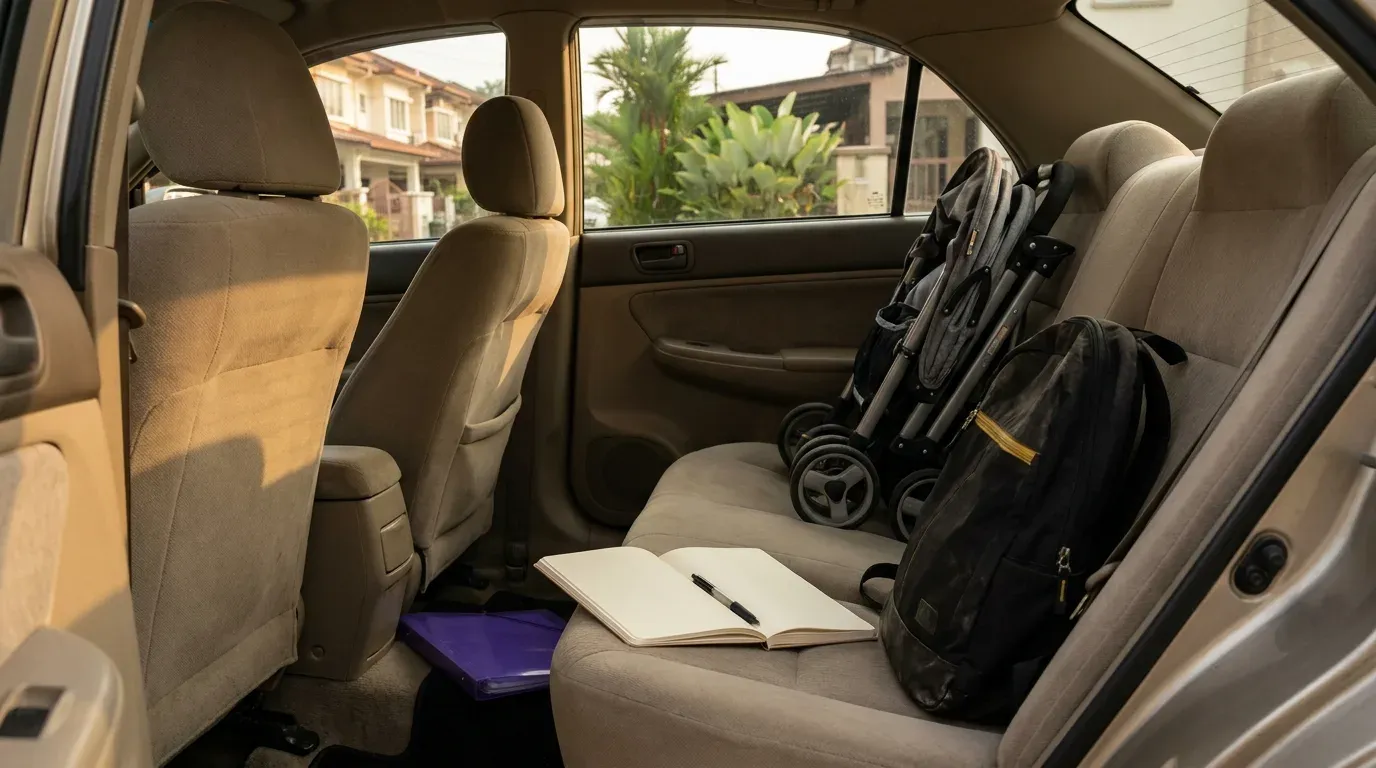 A planning notebook and travel bag inside a rental car for a Kuala Lumpur routine.