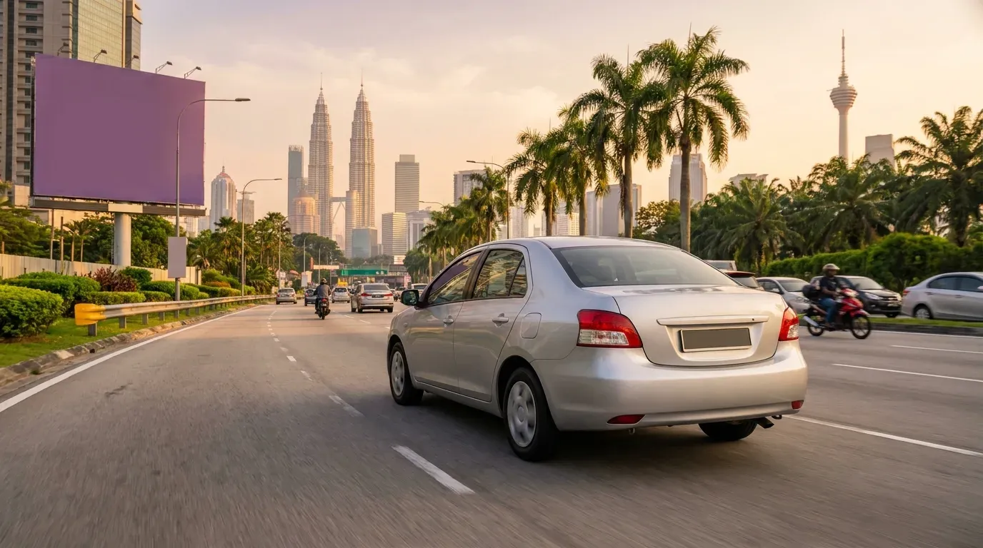 A sedan travelling on a Kuala Lumpur highway at dusk, with the city skyline in the background.