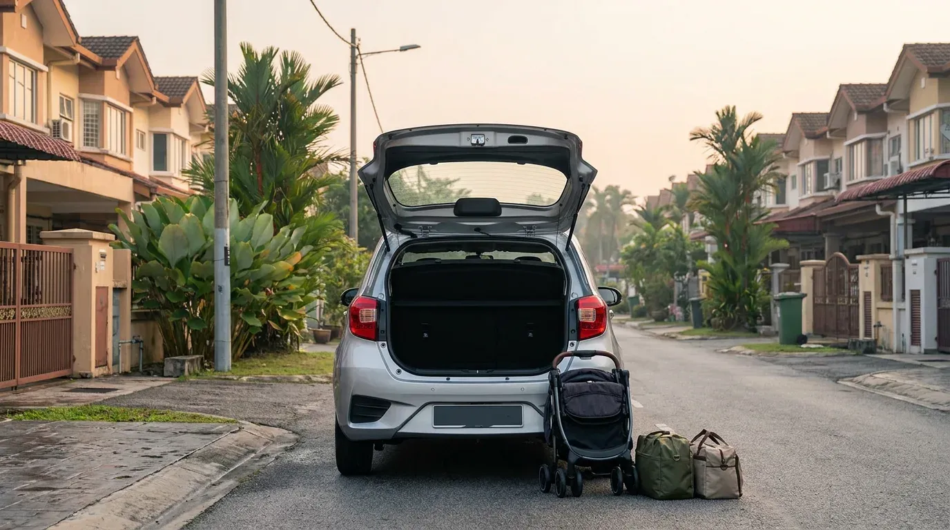 Hatchback with its boot open on a suburban Malaysian street, travel bags and a folded stroller ready to load.