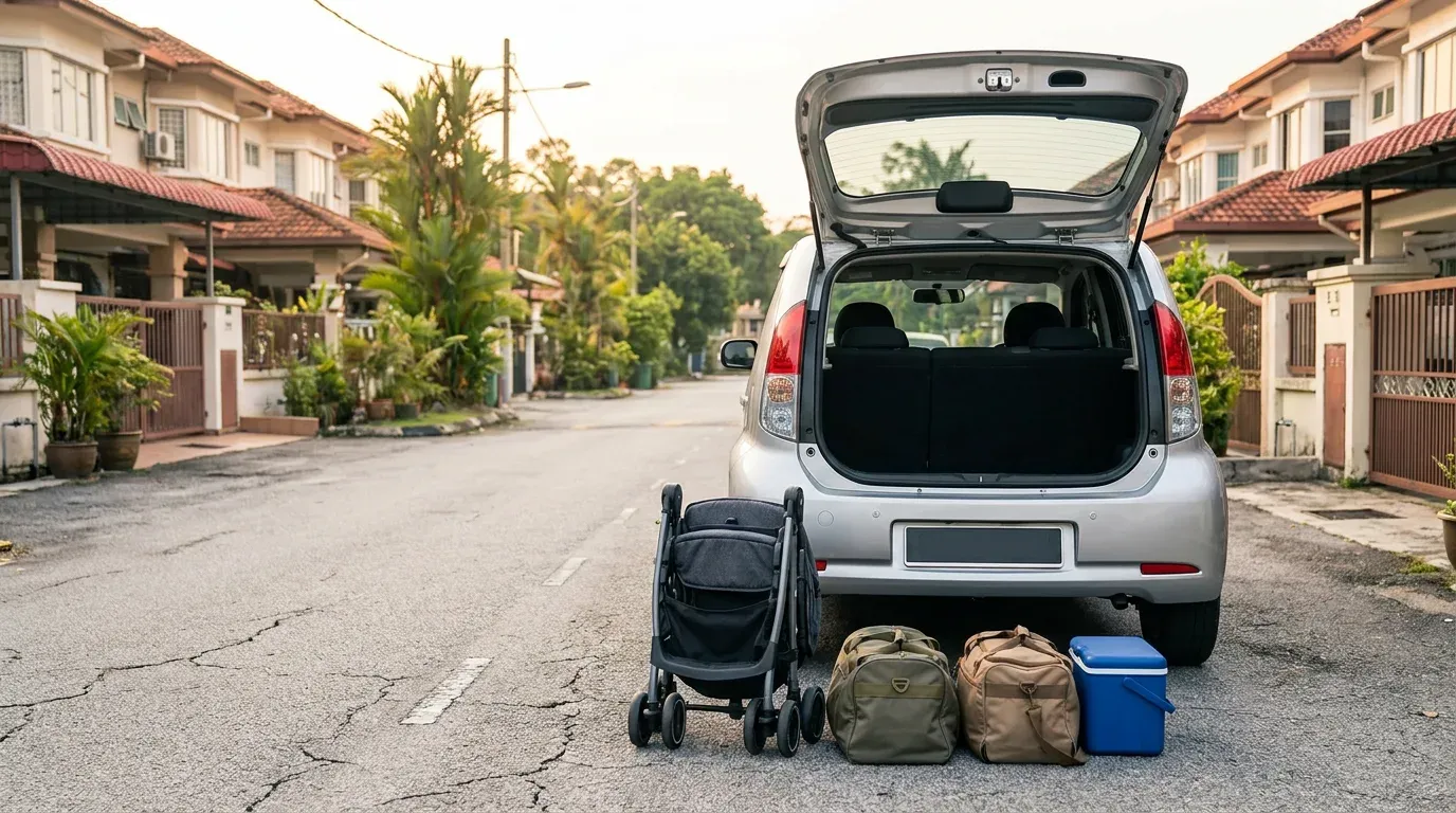 Open car boot with luggage arranged beside it on a residential street, checking what fits for a month of driving.