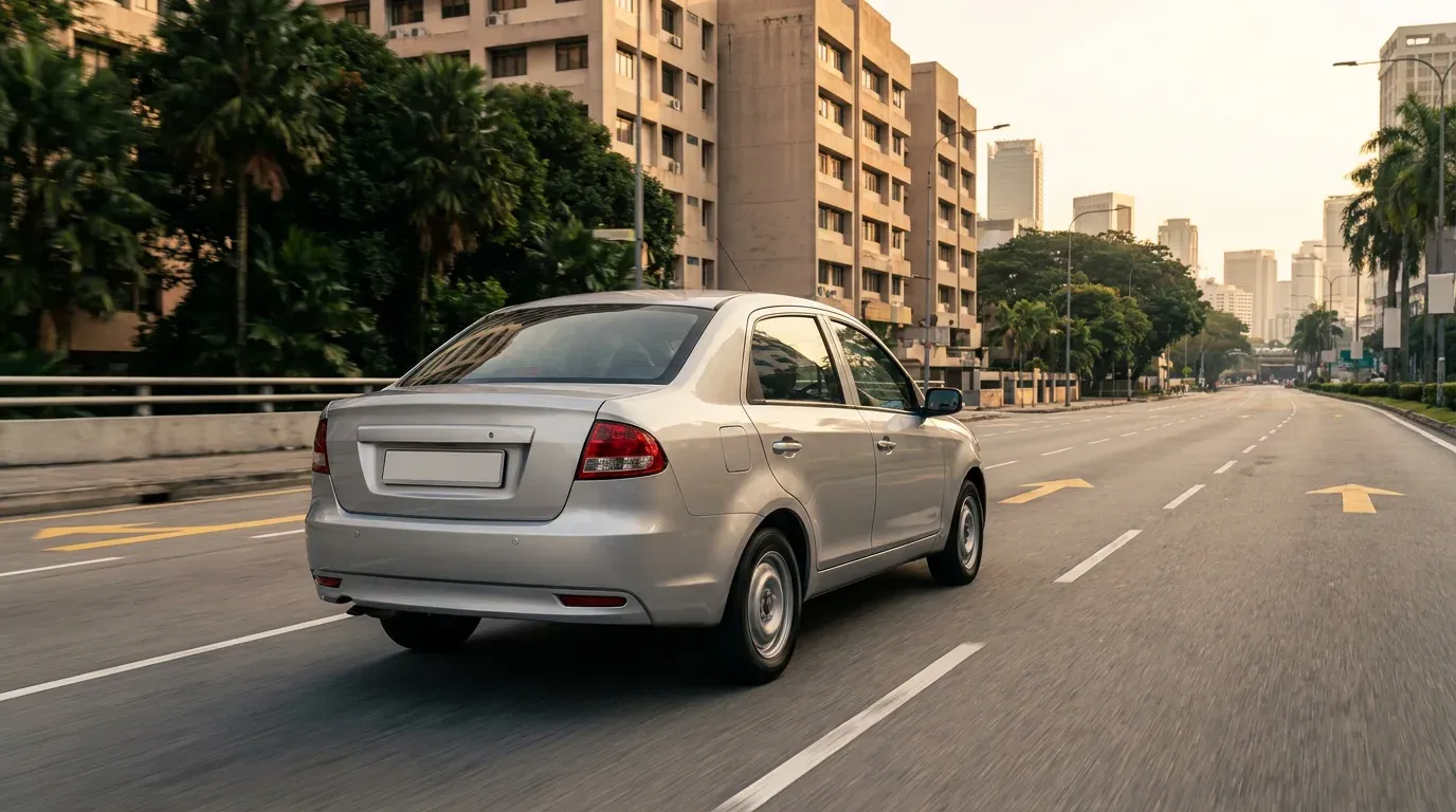 Rear view of a rental car driving along a Malaysian city avenue in late-afternoon light.