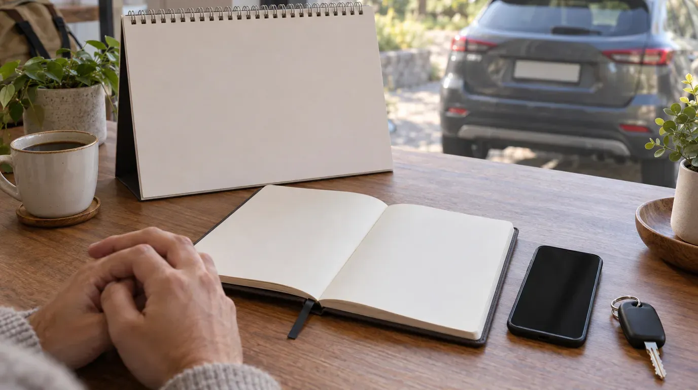 A desk with a blank wall calendar, an open planner and a switched-off phone while planning a month in Melaka.