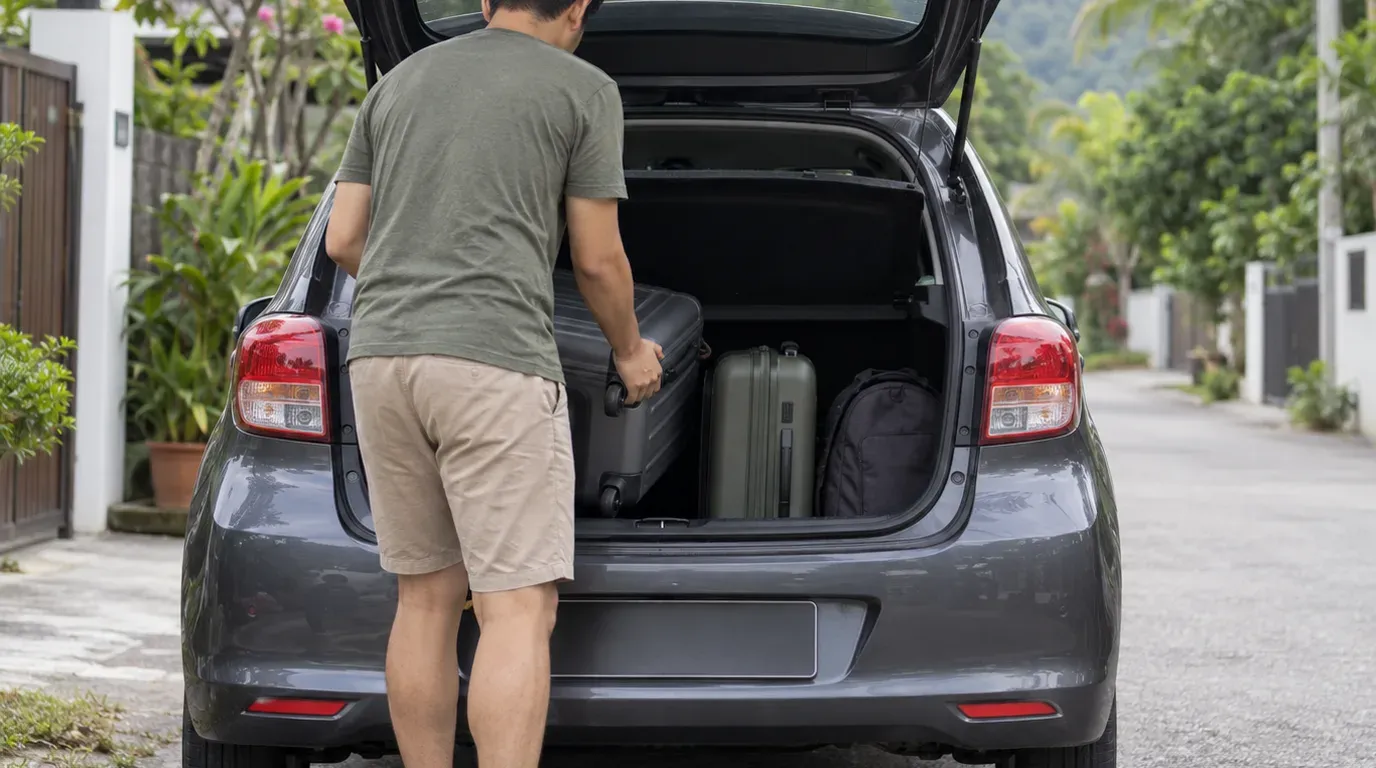 The open boot of a hatchback being loaded with suitcases for a longer Melaka stay.