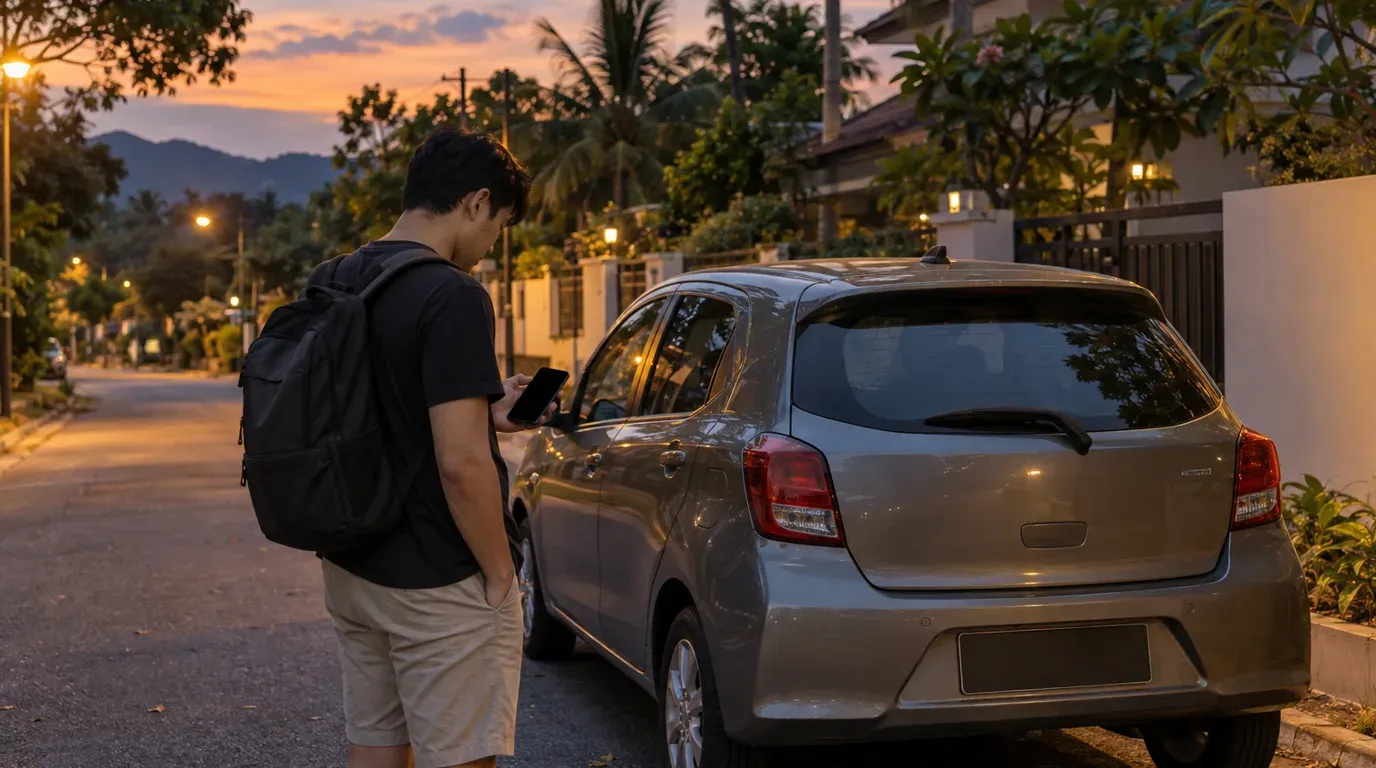 A traveller checking a phone beside a parked hatchback on a Melaka street at dusk.
