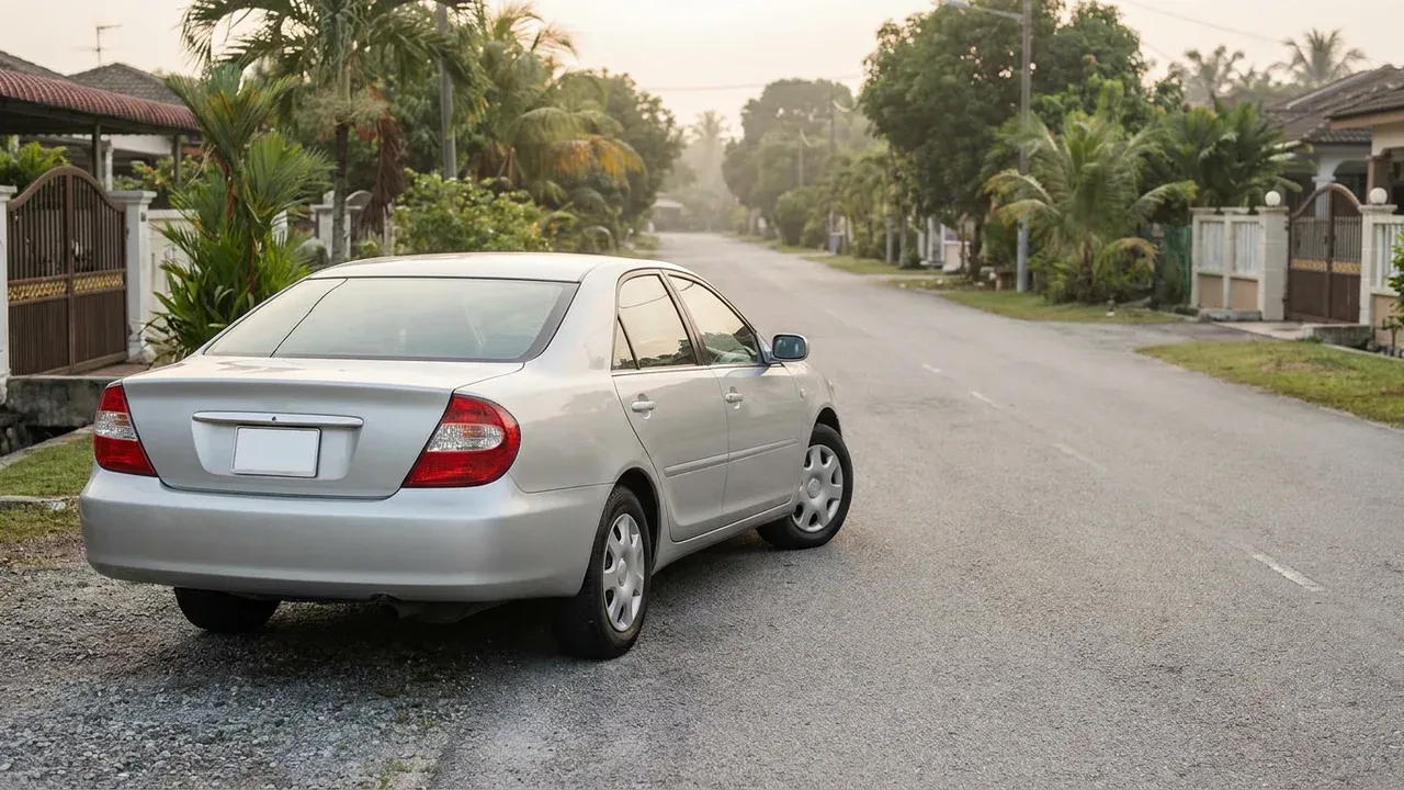 Unbranded silver sedan parked on the shoulder of a quiet Malaysian suburban road lined with tropical greenery, seen from the rear three-quarter angle.