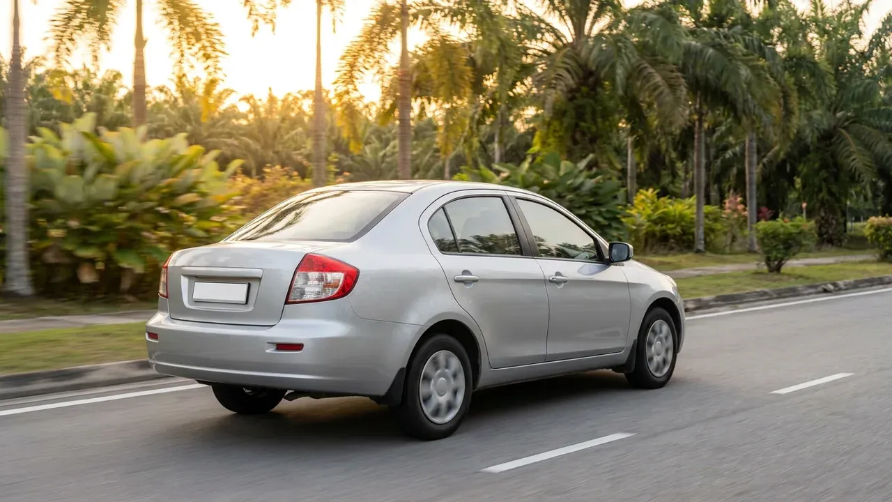 Unbranded silver sedan driving along a palm-lined Malaysian suburban avenue in soft late-afternoon light.