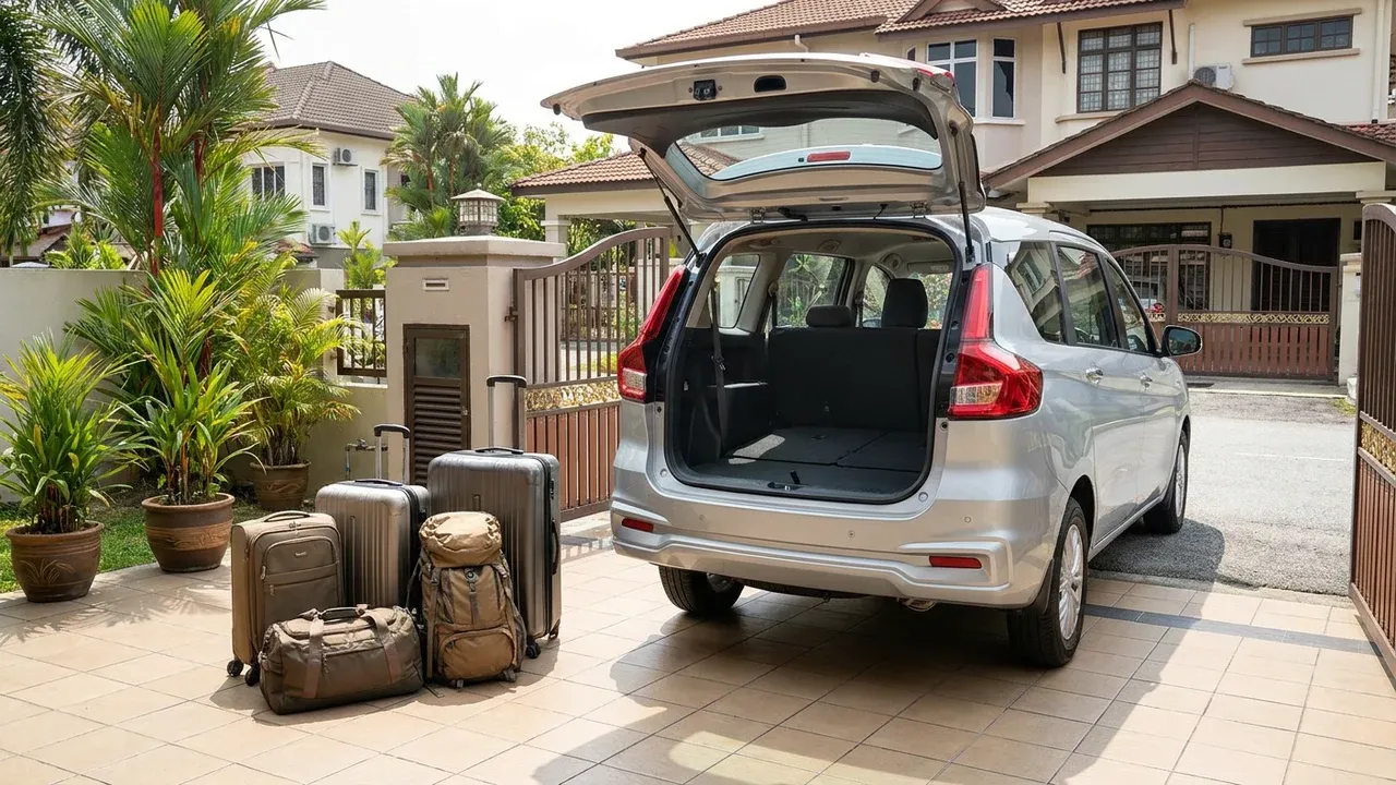 Open tailgate boot of an unbranded silver MPV with the third-row seats folded flat and travel suitcases and backpacks arranged beside it on a Malaysian driveway.