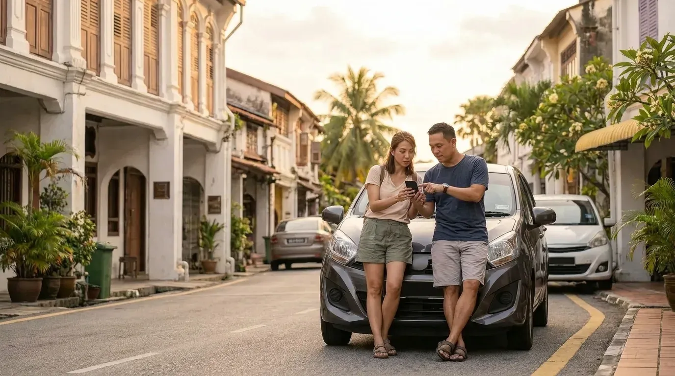 Two adult travellers reviewing their Melaka trip dates beside an unbranded compact car