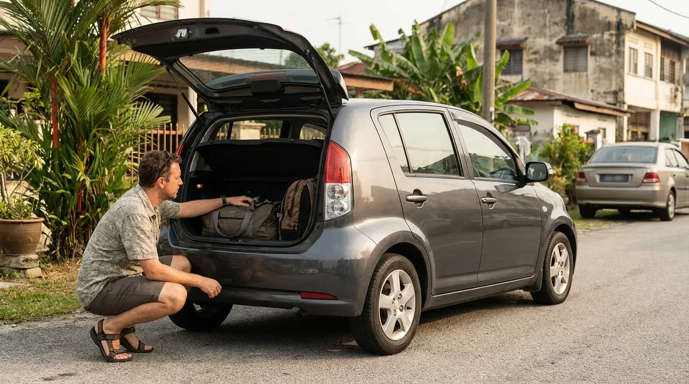 Adult traveller checking luggage space beside an ordinary compact car before a Melaka trip