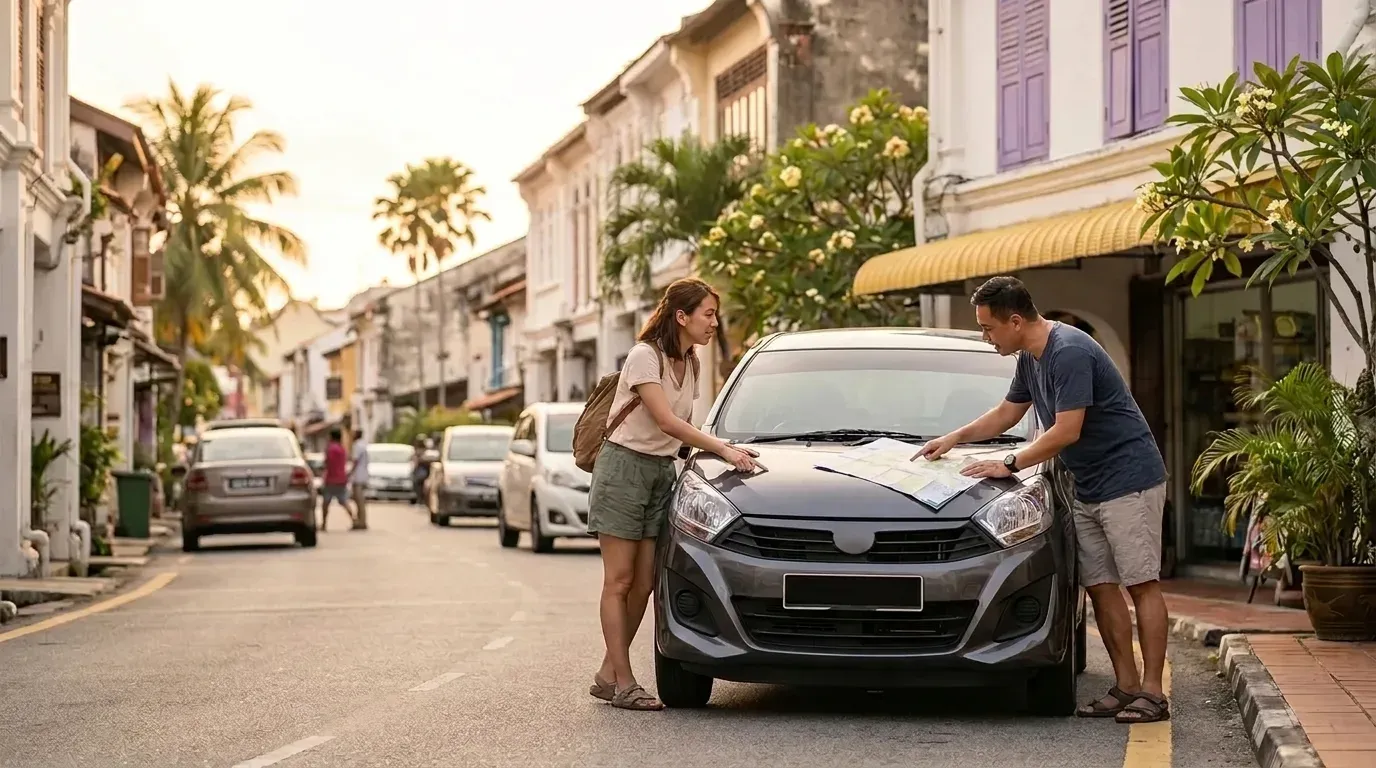 Two adult travellers discussing a multi-stop Melaka day plan beside a parked compact car