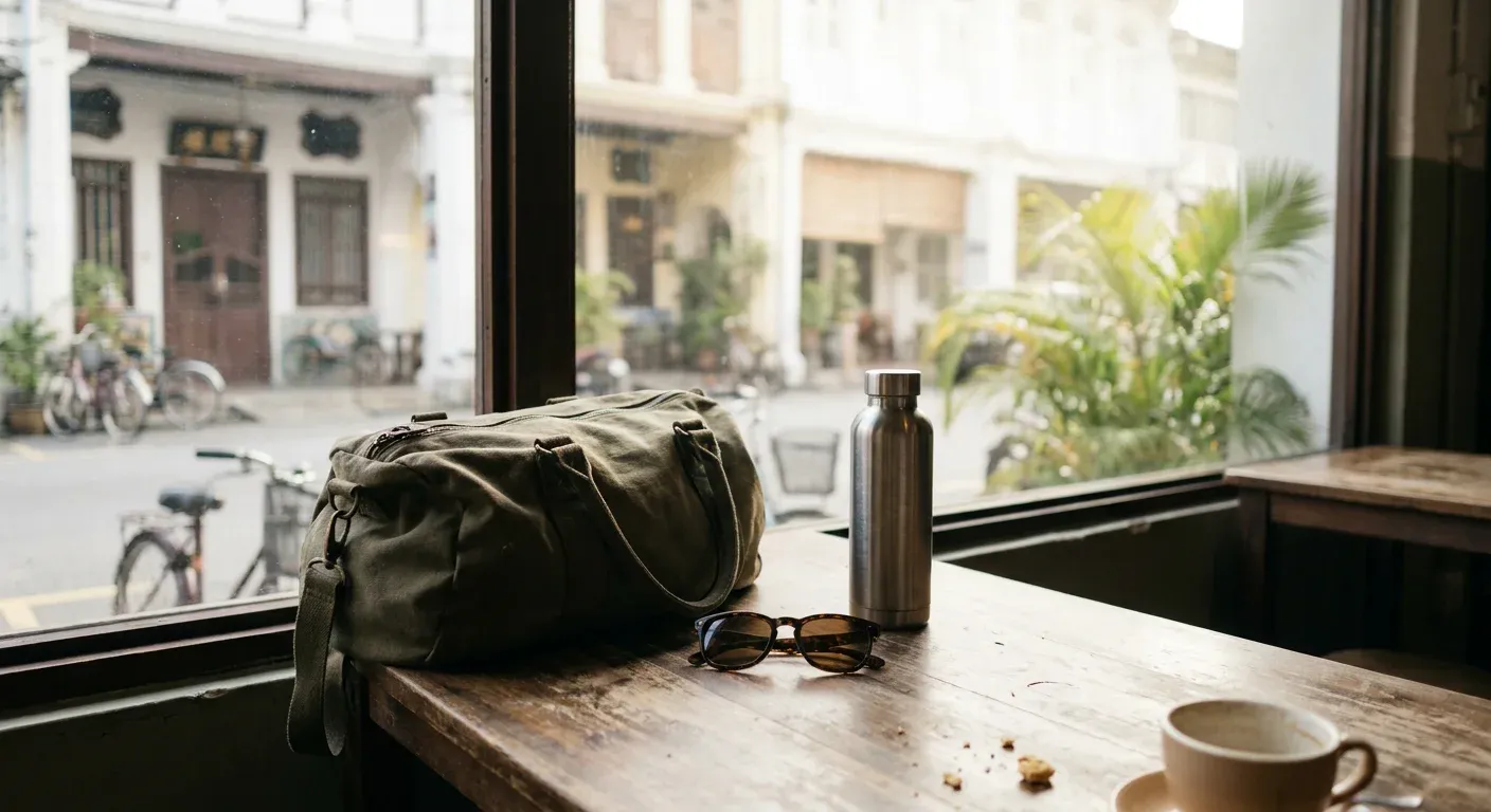 An olive-green canvas duffel bag, sunglasses and a water bottle on a wooden cafe table in George Town, Penang, while planning a self-drive trip.