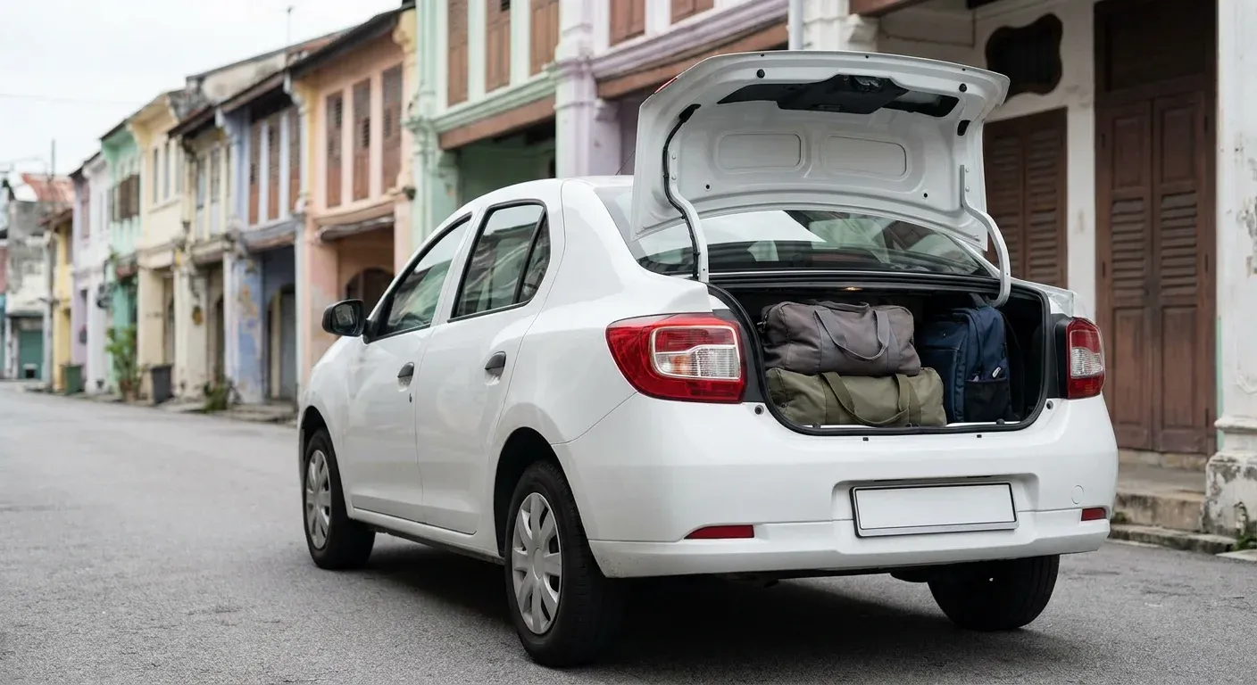 The open boot of a parked compact car loaded with soft duffel bags on a quiet George Town heritage street.