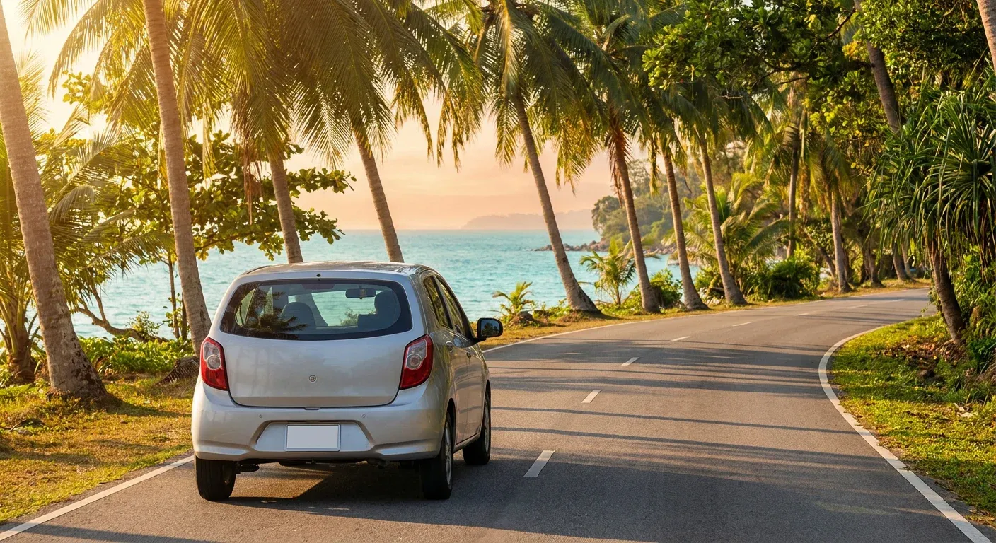 A compact car driving along a quiet coastal road in Penang at golden hour with the sea between palm trees.