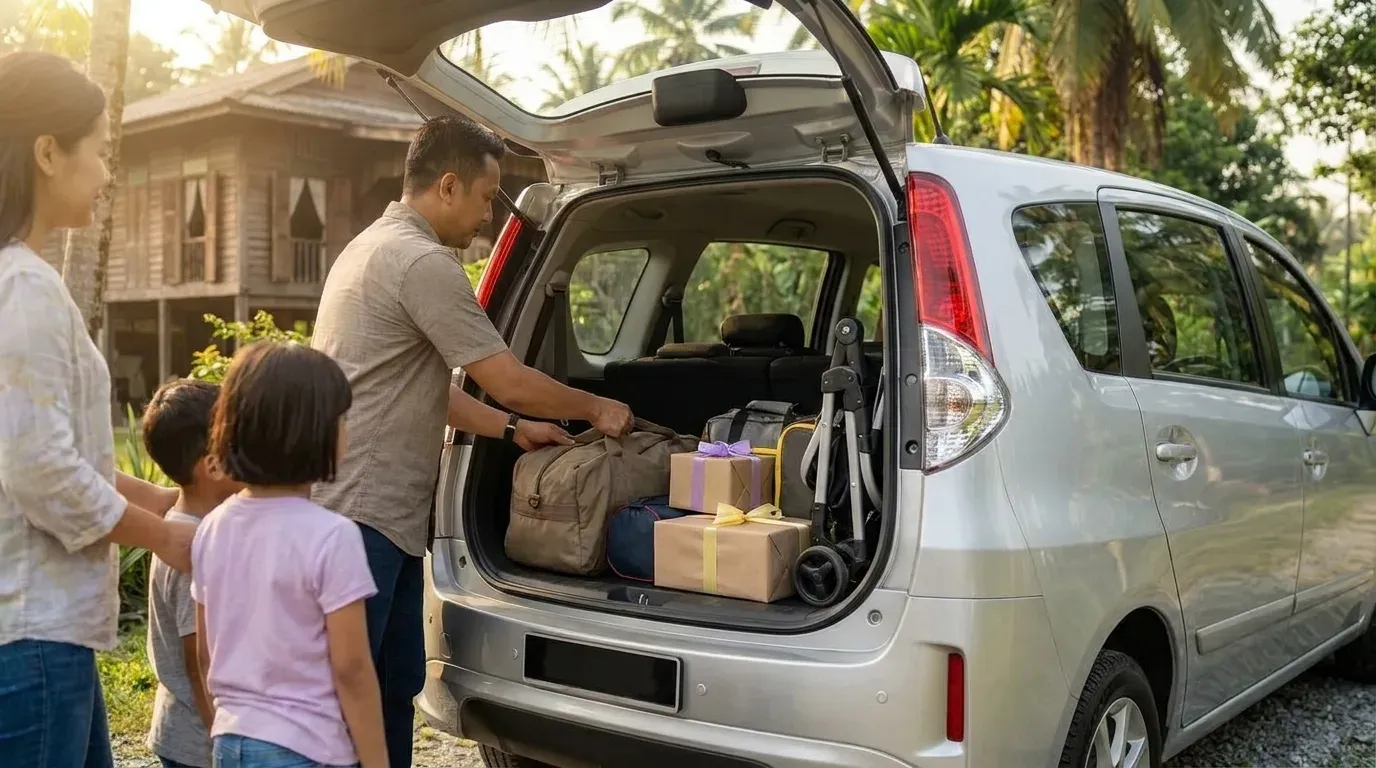 Beg perjalanan, kotak dan stroller dimuatkan ke dalam but kereta terbuka untuk perjalanan balik kampung.