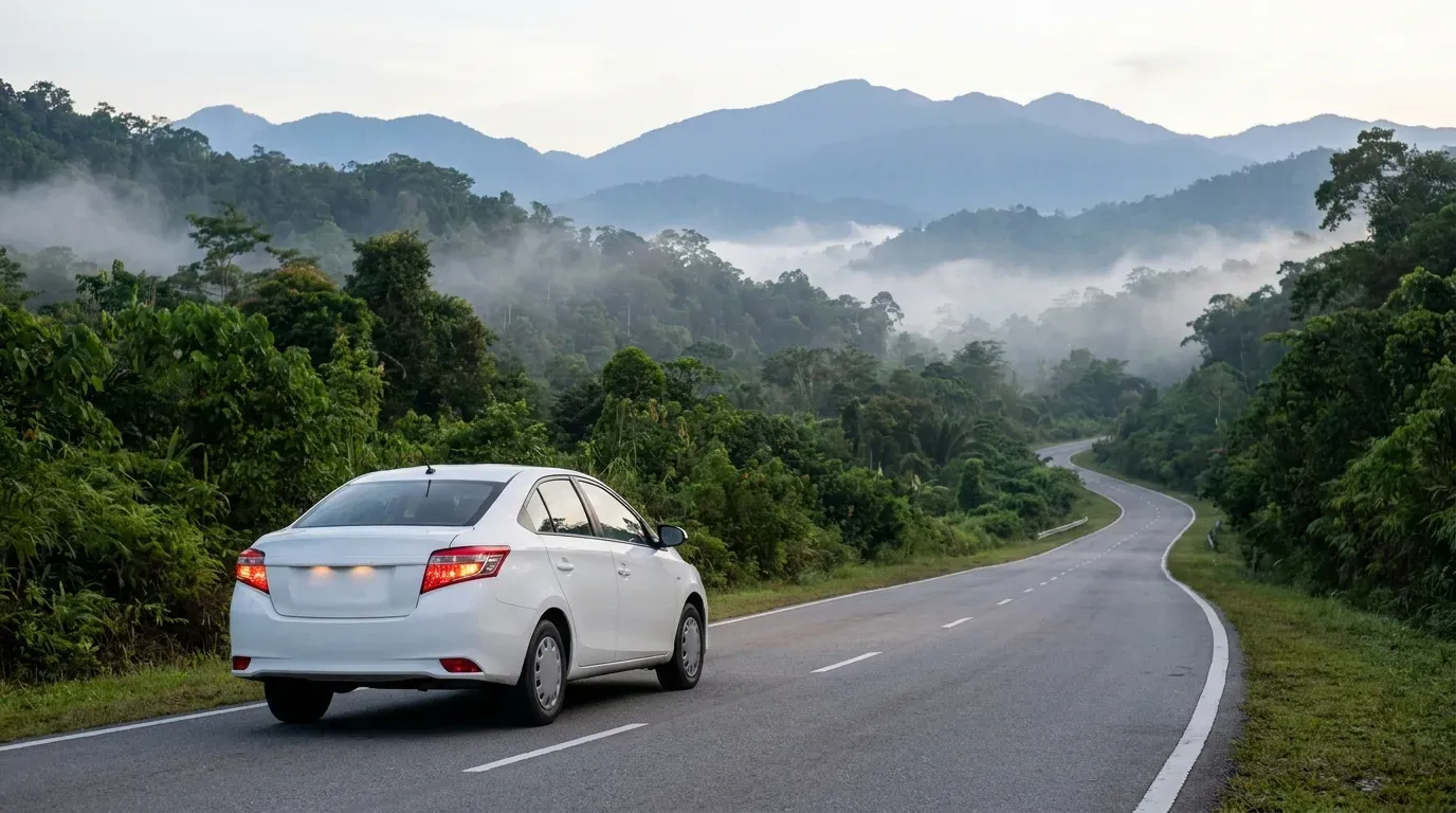 Kereta seduan tanpa jenama menuju kawasan berbukit Sabah untuk perjalanan rutin yang lebih jauh.