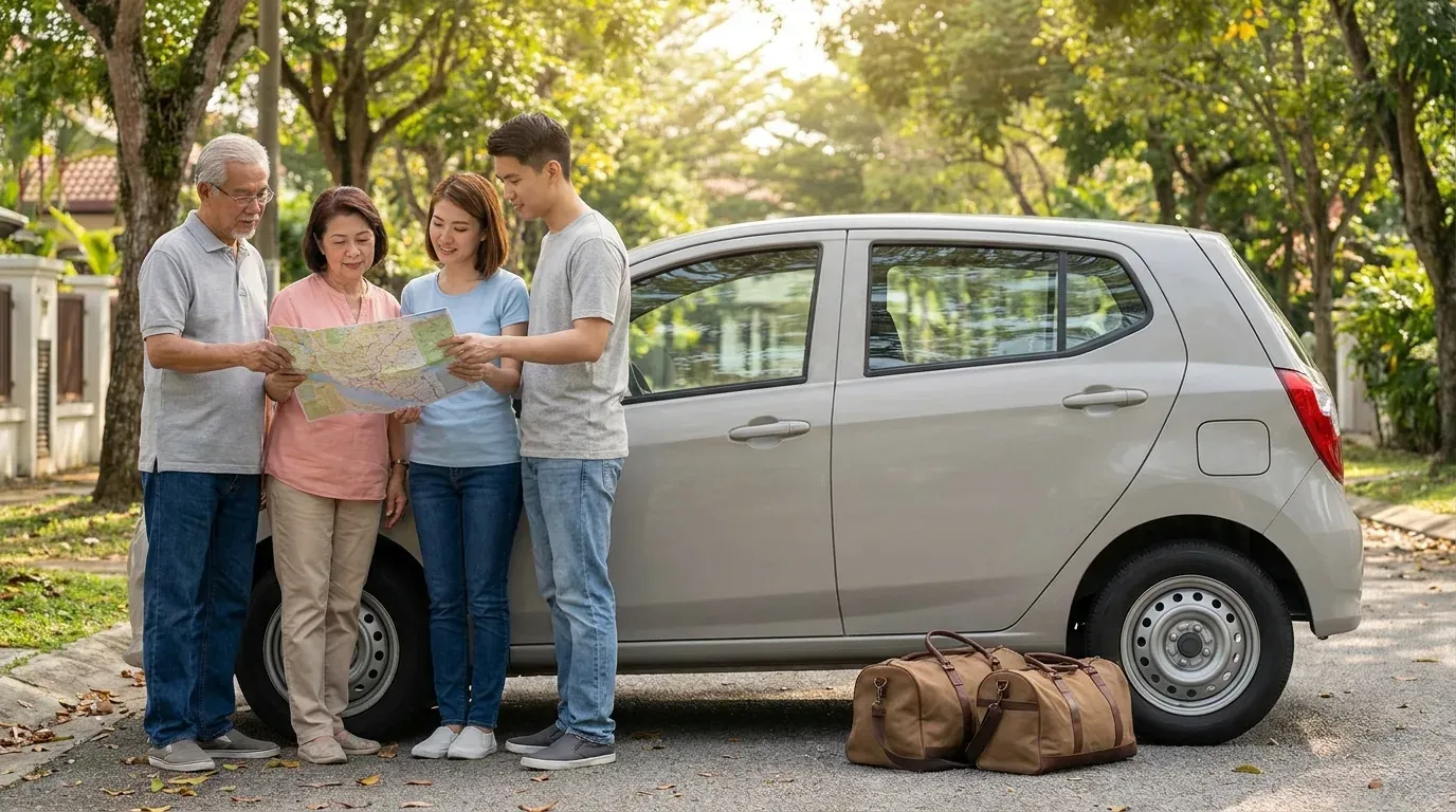 Keluarga menyusun bagasi untuk perjalanan Hari Raya di sebelah kereta yang diparkir.