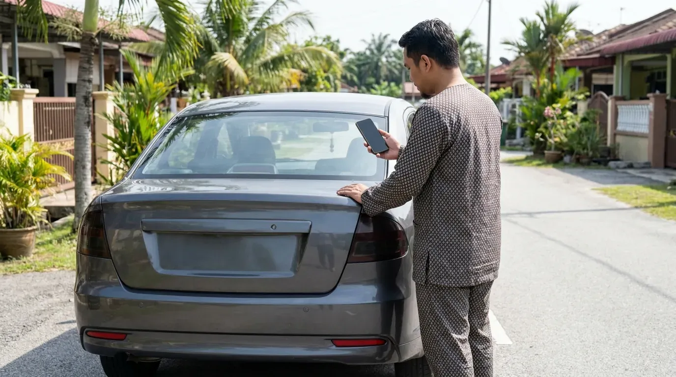 Seorang pengguna menyemak pilihan kereta untuk jadual perjalanan Raya di sebelah kereta yang diparkir.