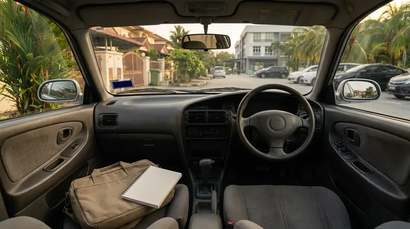 Bahagian dalam kereta sewaan pada waktu petang dengan beg komputer riba dan buku rancangan di kerusi penumpang.