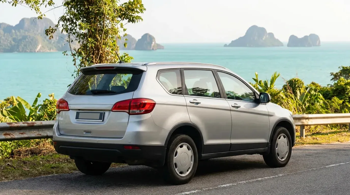 SUV perjalanan di tepi jalan raya pantai Langkawi dengan laut biru kehijauan dan pulau kapur di latar belakang.