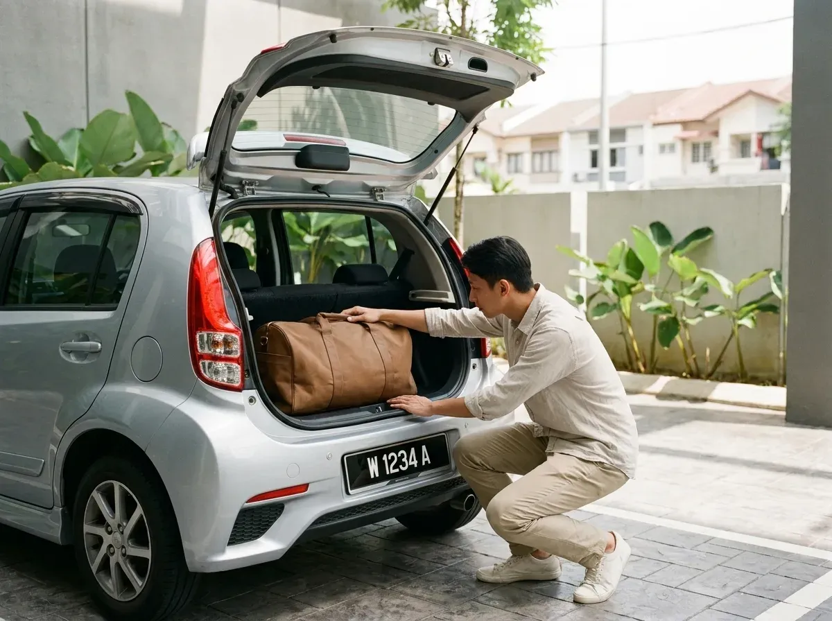 Renter comparing car size with luggage for a Malaysian trip