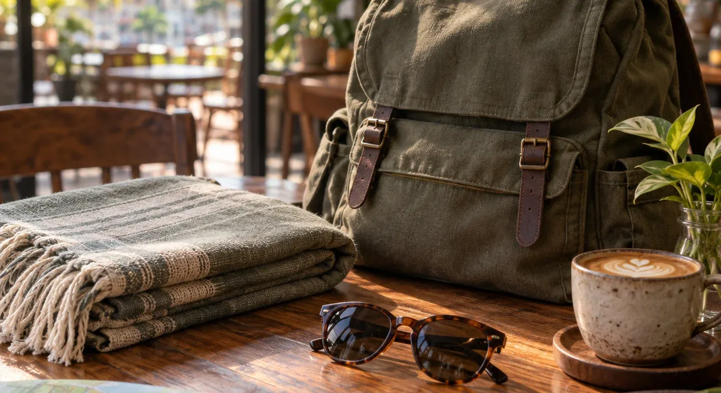 Sunglasses, a canvas backpack and a folded travel blanket on a wooden cafe table in soft morning light while planning a weekend drive in Malaysia.
