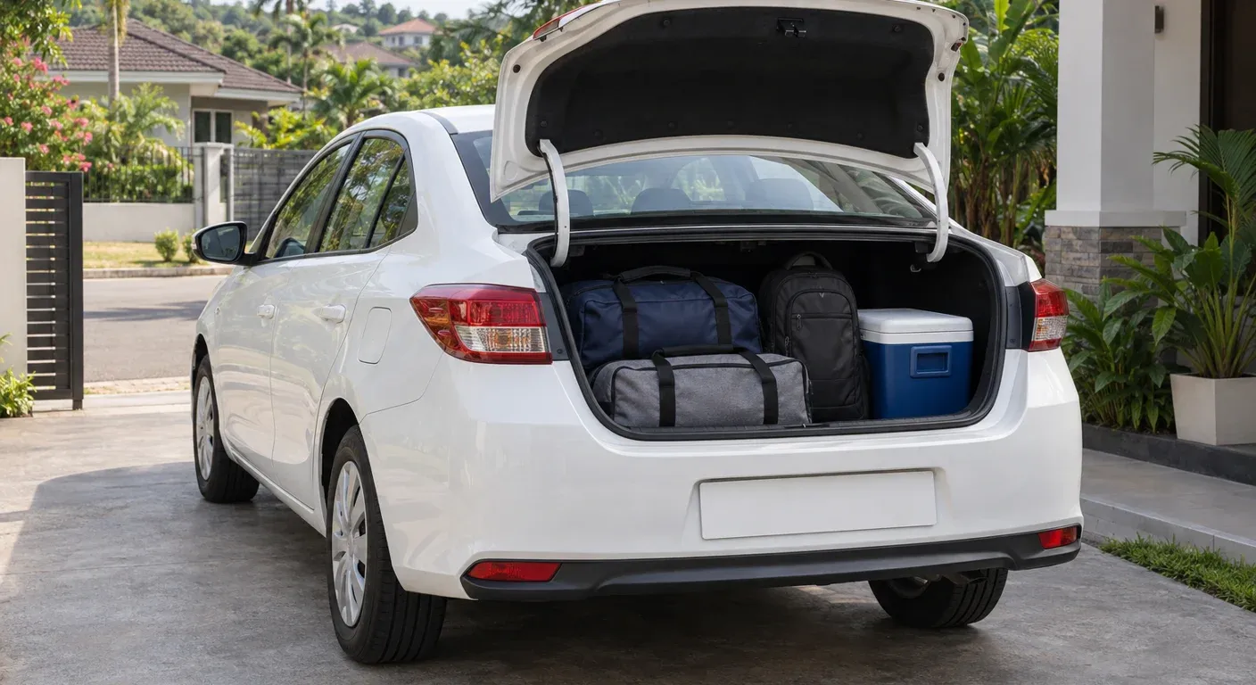 The open boot of a parked compact car loaded with soft bags, a backpack and a cooler box on a Malaysian suburban driveway.