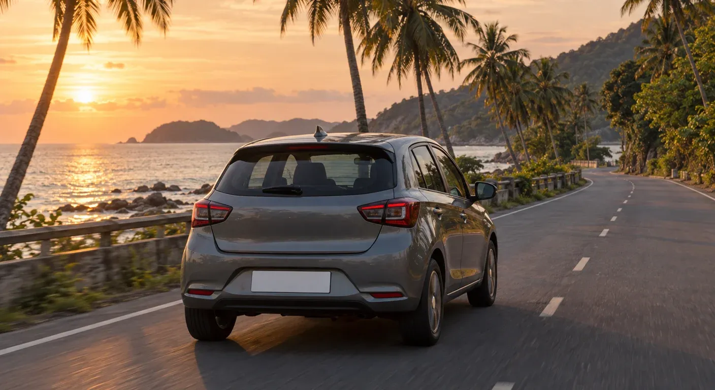A compact car driving along a quiet Malaysian coastal road at golden hour with palm trees lining the road.