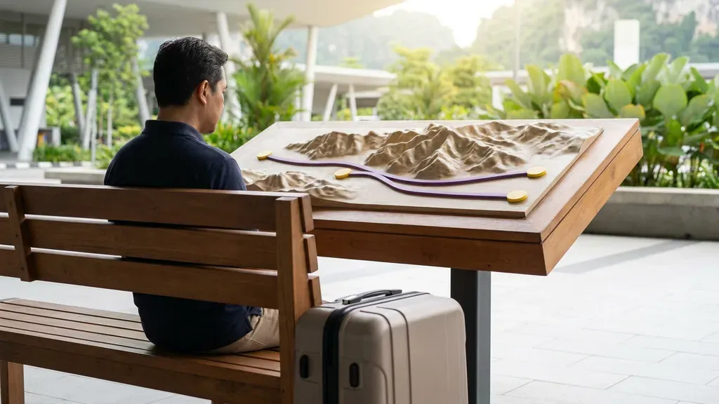 Traveller studying an unlabelled physical route model beside luggage on a bench in a bright terminal-adjacent public setting.