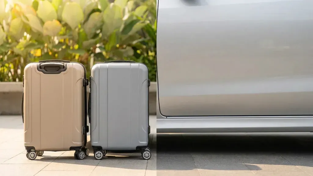 Two hard-shell suitcases beside the middle side panel of an unbadged silver car in a sunlit paved area.