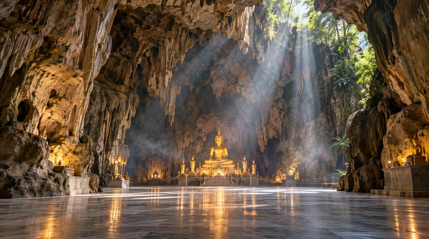 Golden Buddha statue inside the limestone cave prayer hall at Sam Poh Tong Temple, Ipoh, with daylight beams falling across the polished stone floor.