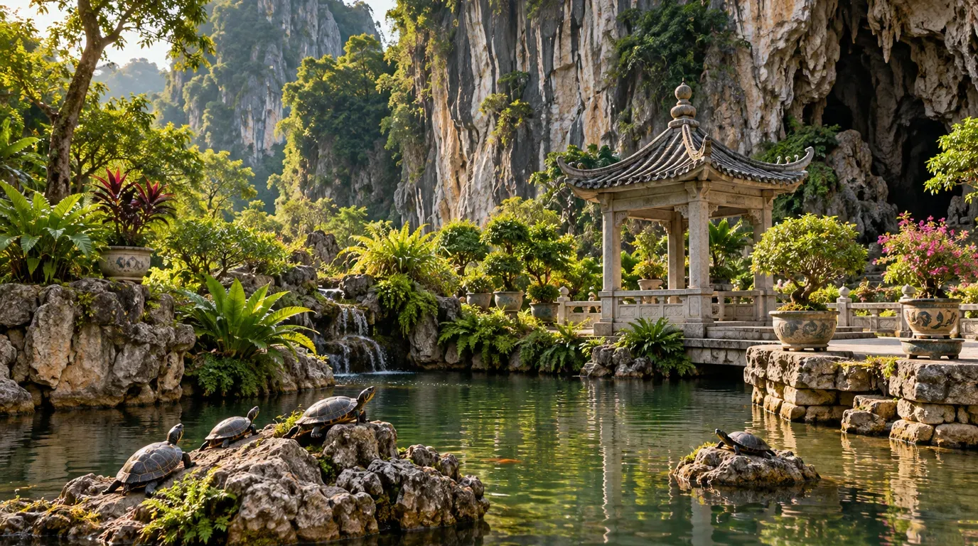 Landscaped rear garden at Sam Poh Tong Temple with turtles resting on rocks in the pond, a stone pavilion and limestone cliffs rising behind.