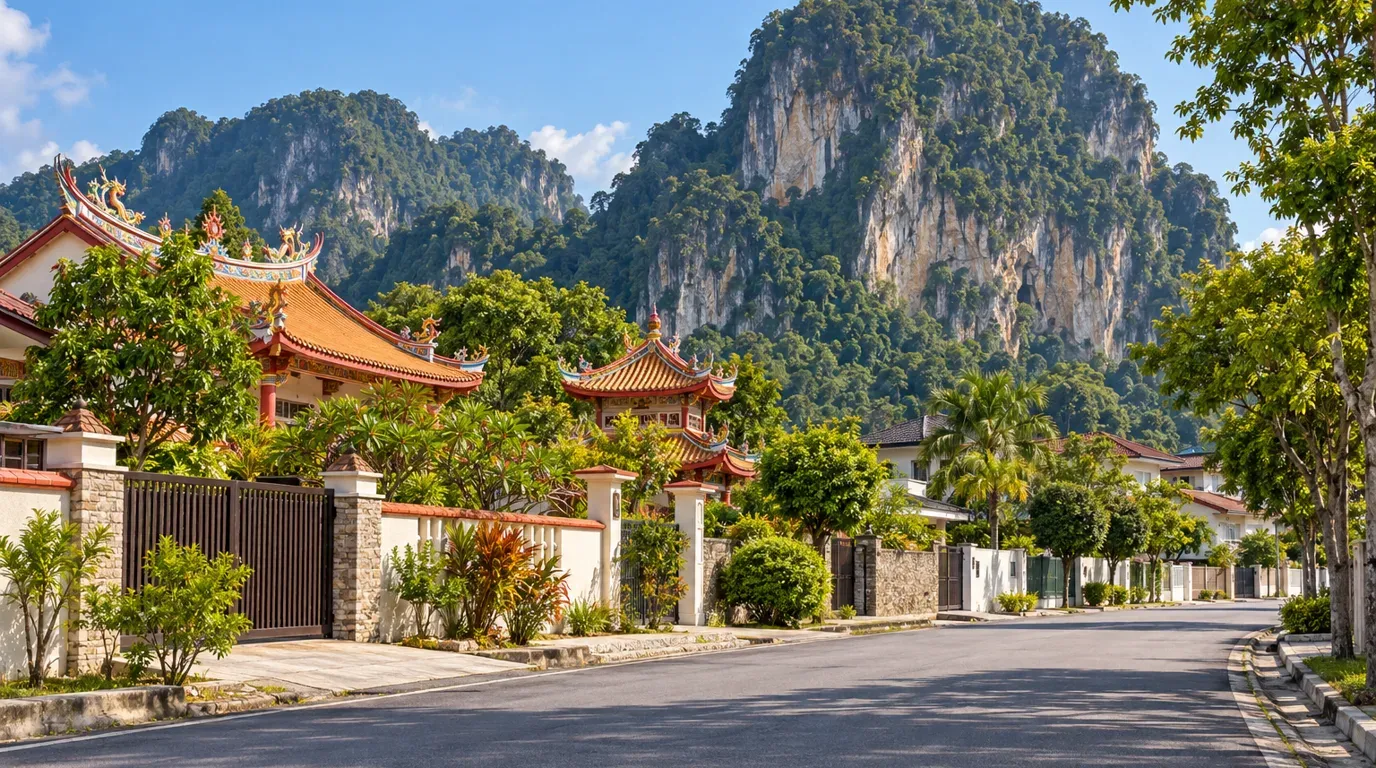 Quiet street in Gunung Rapat, Ipoh with temple rooftops and green trees beneath towering limestone karst hills.