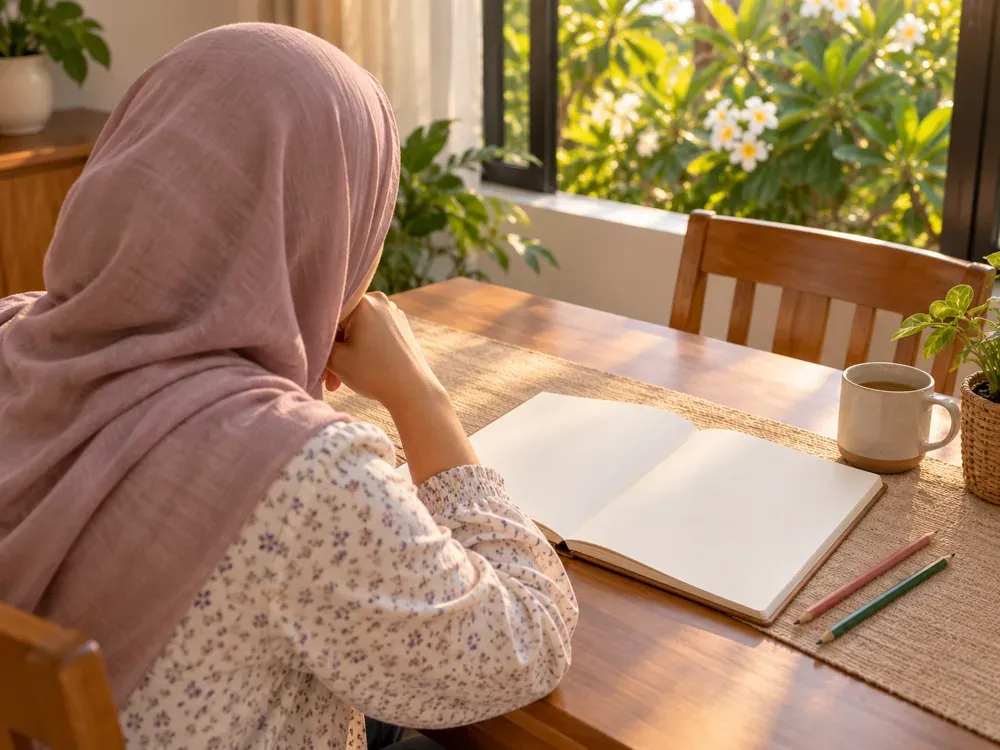 Seorang ibu melihat buku catatan kosong di meja sambil merancang perjalanan keluarga.