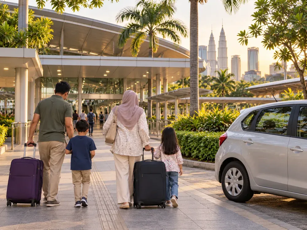 Sebuah keluarga membawa beg di laluan pejalan kaki bandar dengan kereta perak dan Menara Berkembar Petronas di kejauhan.