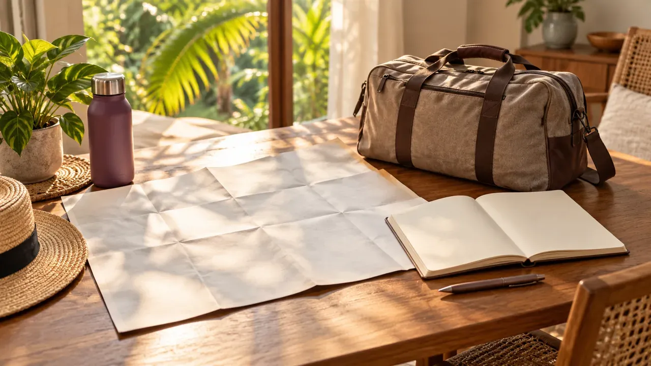 A blank notebook, unmarked paper planner and travel bag on a sunny table.