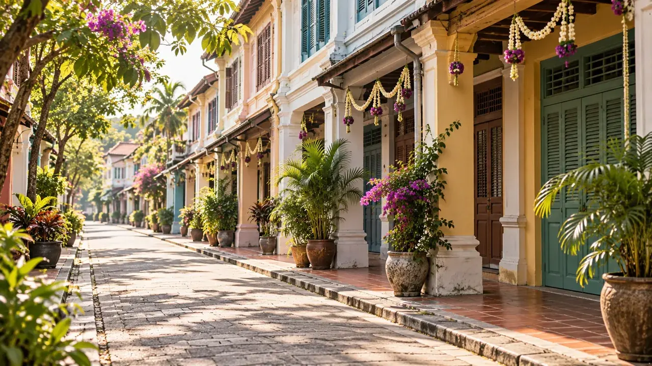 A quiet Malaysian heritage street with shaded five-foot ways, potted plants and flower garlands.