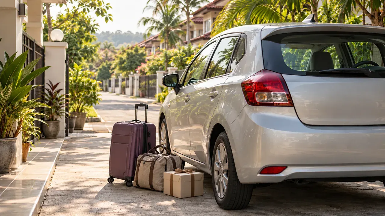 Travel bags and a plain gift box beside an unbranded car for a multi-stop holiday journey.
