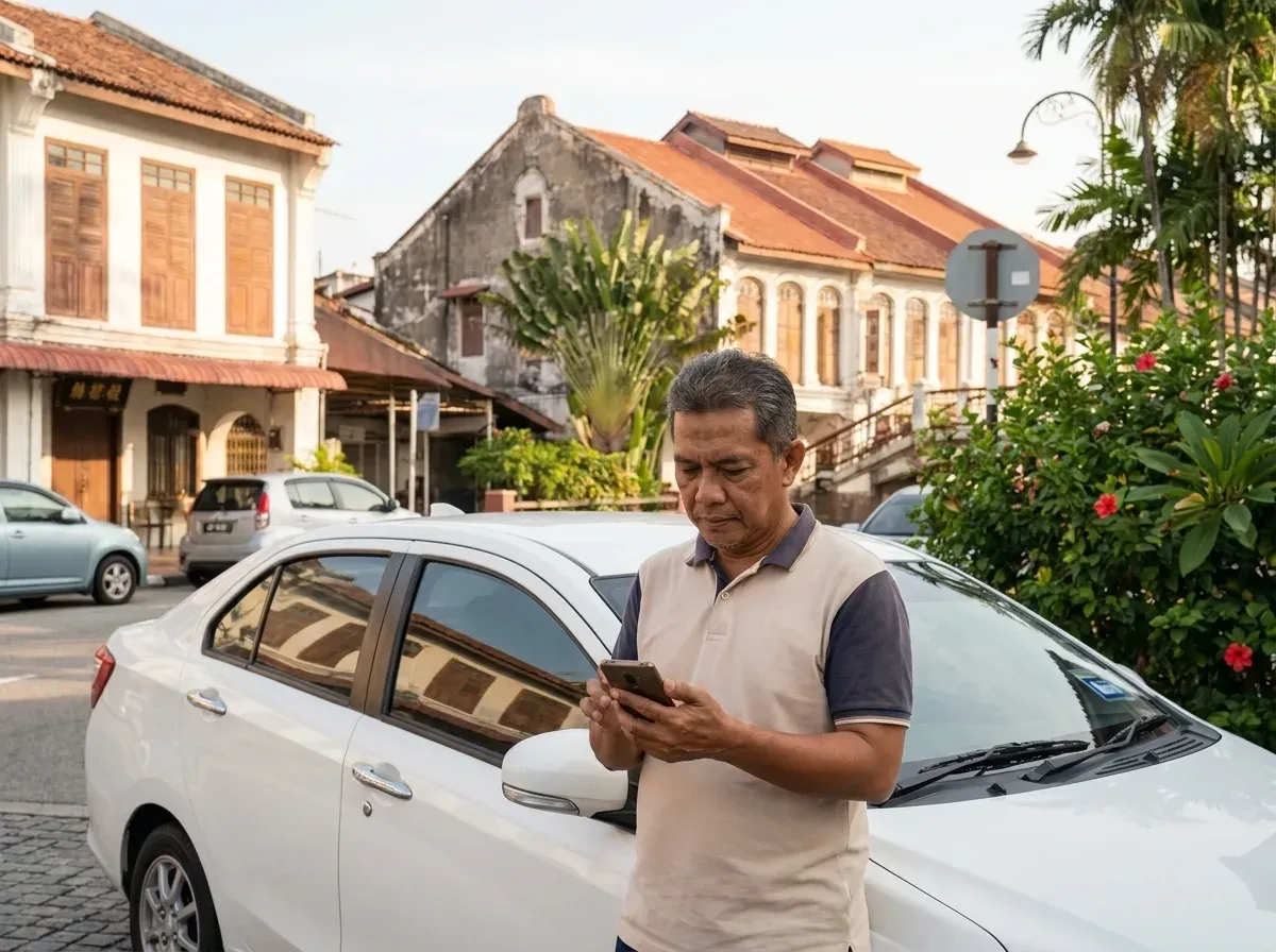 Pemandu dewasa menyemak tarikh perjalanan pada telefon di sisi kereta kompak
