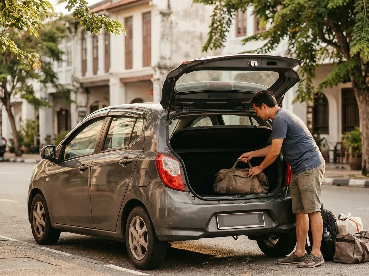 Seorang pelancong menyusun bagasi ke dalam kereta kompak sebelum perjalanan di Melaka