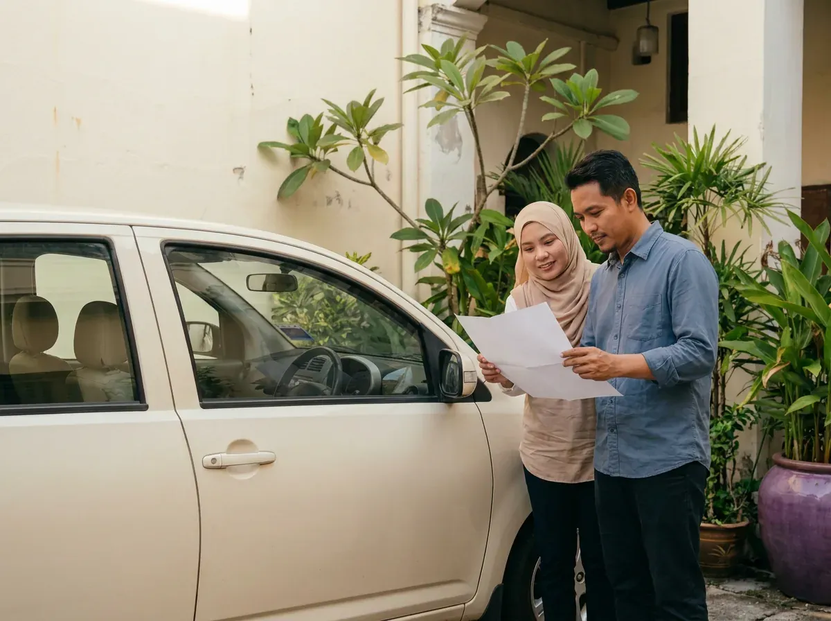 Dua orang dewasa berbincang tentang pelan perjalanan di sebelah kereta sebelum trip Melaka