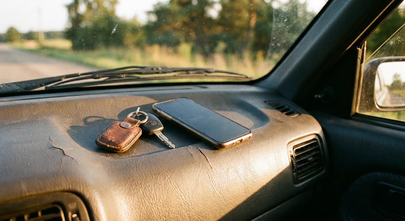 Car key on a rental car dashboard beside a smartphone during a handover check