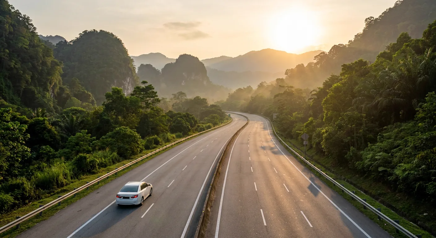 White sedan driving on a scenic Malaysian highway at golden hour