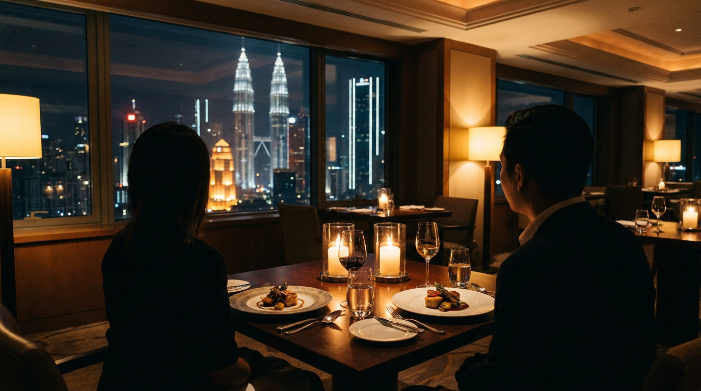 Romantic couples dinner table in a Kuala Lumpur hotel at night