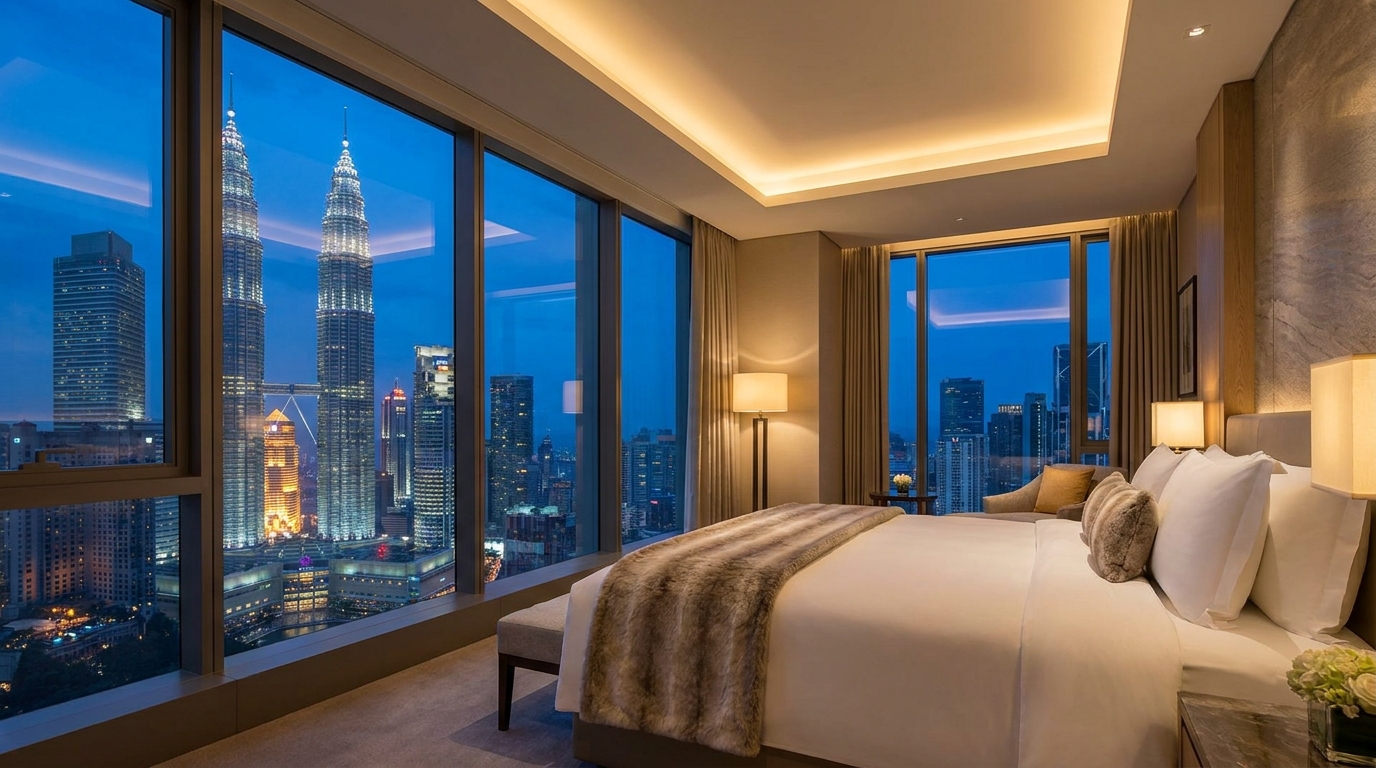Elegant KL skyline hotel room at blue hour with Petronas Towers view