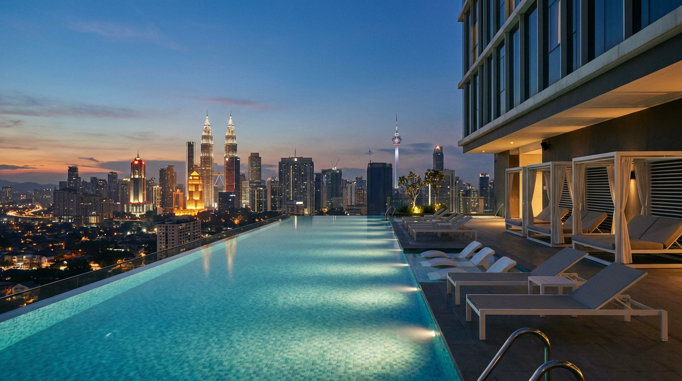 Rooftop infinity pool facing the Kuala Lumpur skyline at dusk