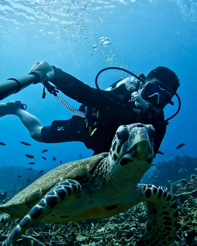 a man taking pictures with a turtle underwater while diving, one of the most popular activities on tioman island if you're thinking of what to do in tioman
